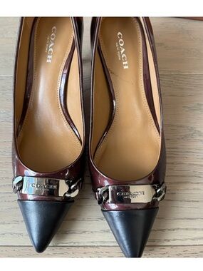 Authentic COACH Bowery Burgundy/Black Patent Leather Cap Toe Kitten Heels, 10